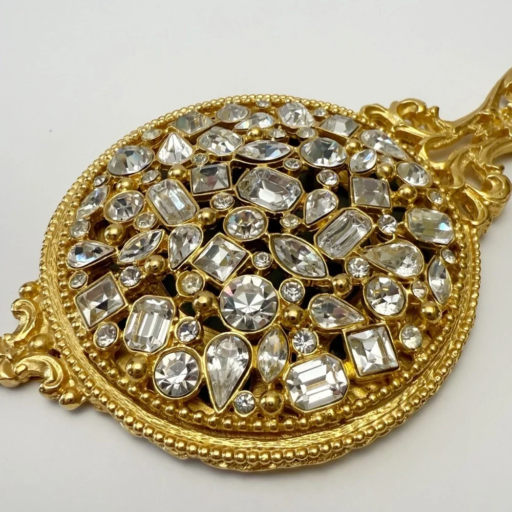 Kirks Folly Clear Rhinestone Crystal Jeweled Golden Small Vanity Hand Mirror
